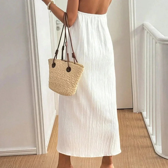White Casual Women's Summer Solid Color Cross Halter Neck Straight Loose Dress - Picture 2 of 7